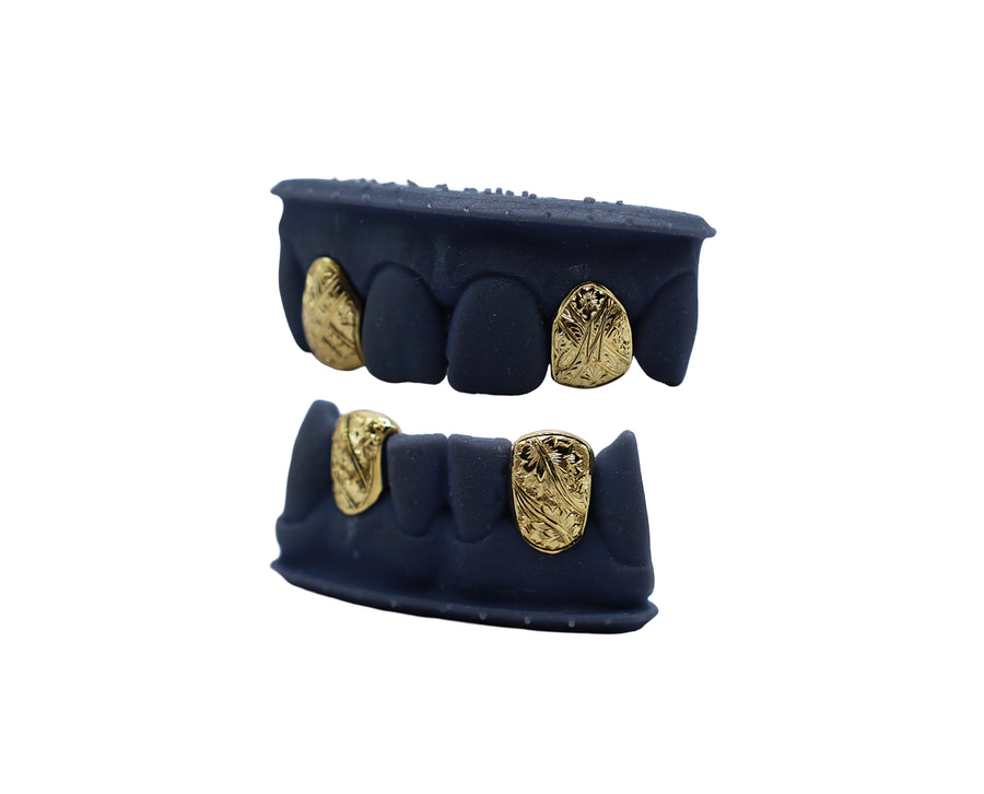 Top and Bottom 2 Tooth Hand Engraved Grillz w Initial