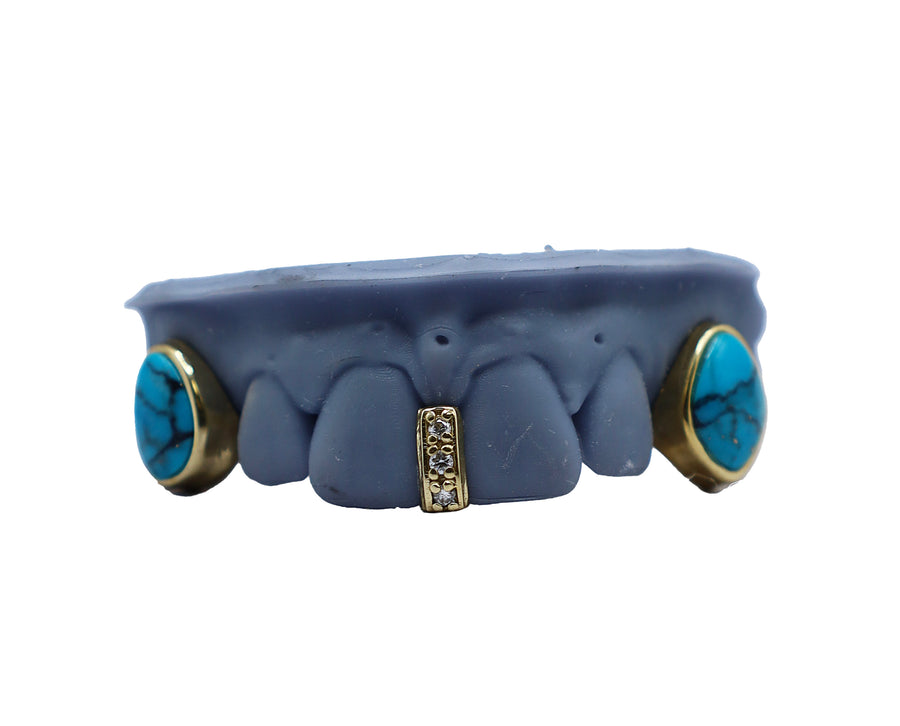 Turquoise Fang Grillz w Diamond Gap Filler Front View