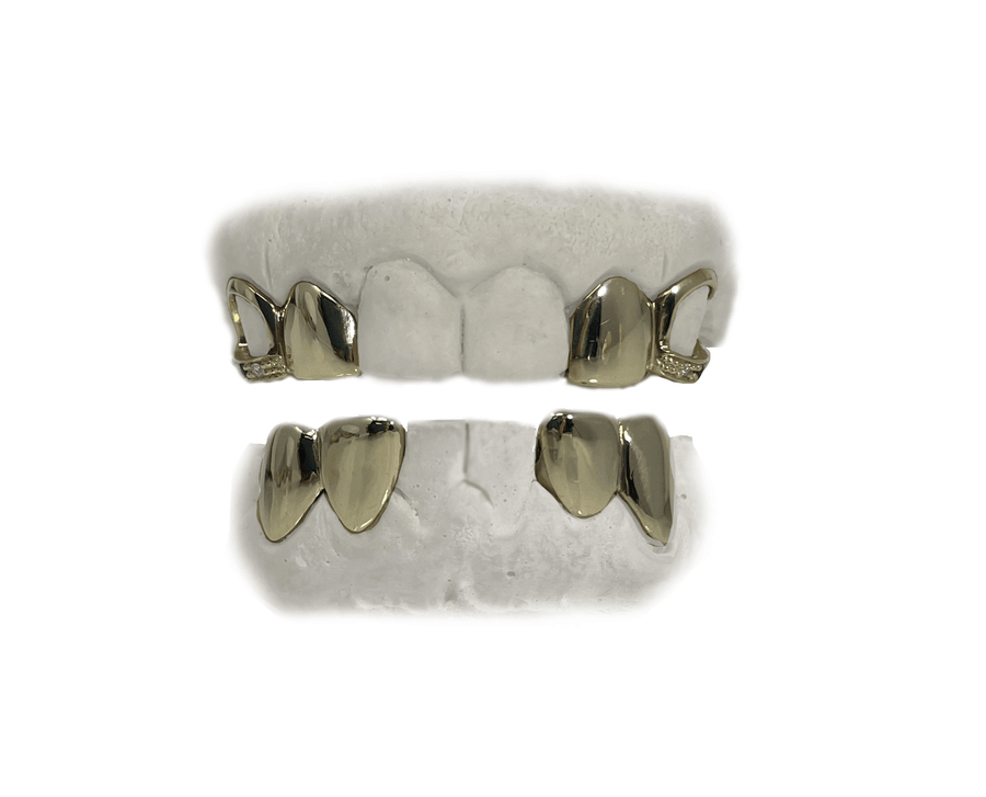 Two Teeth Grillz Combo w VS Diamonds + Blue Sapphire (10K, Yellow Gold)
