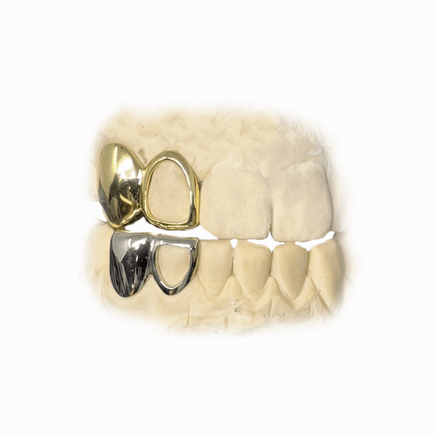 Two Teeth Solid + Open Face Grillz Combo Side Piece (14K, Yellow Gold, White Gold)