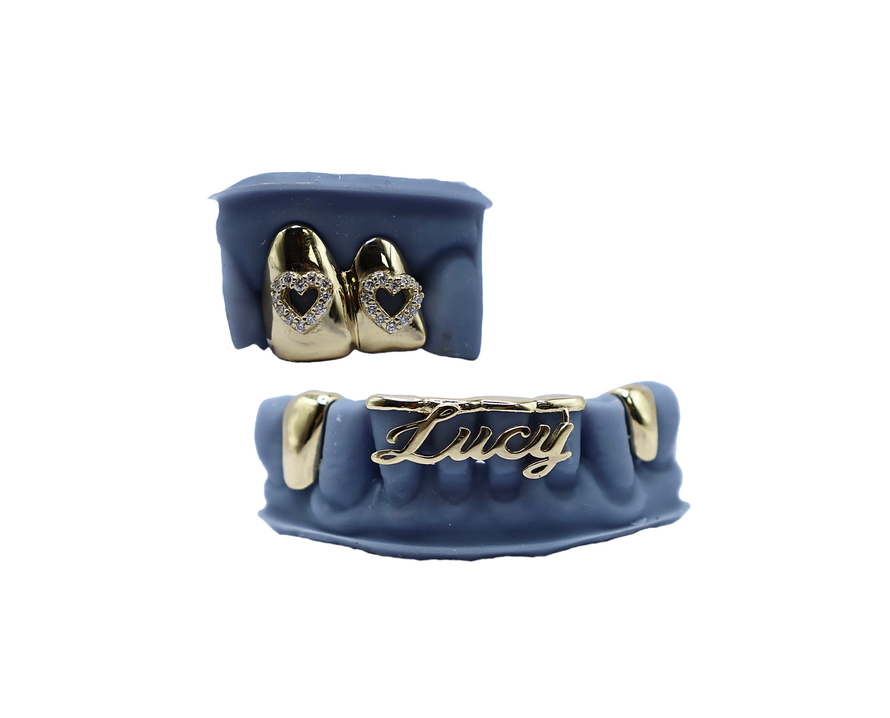 Two Teeth Grillz w 3D Cursive Letter Grillz - Luxe Grillz