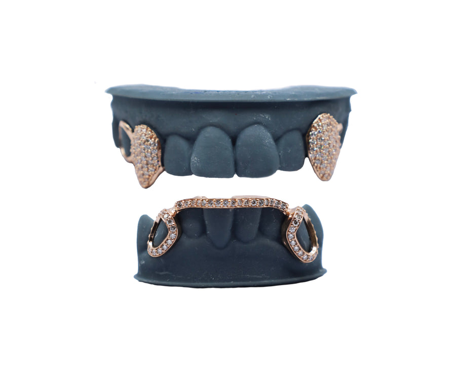 Vampire Diamond Fang Grillz w Open Faces w Diamond Open Face Bridge