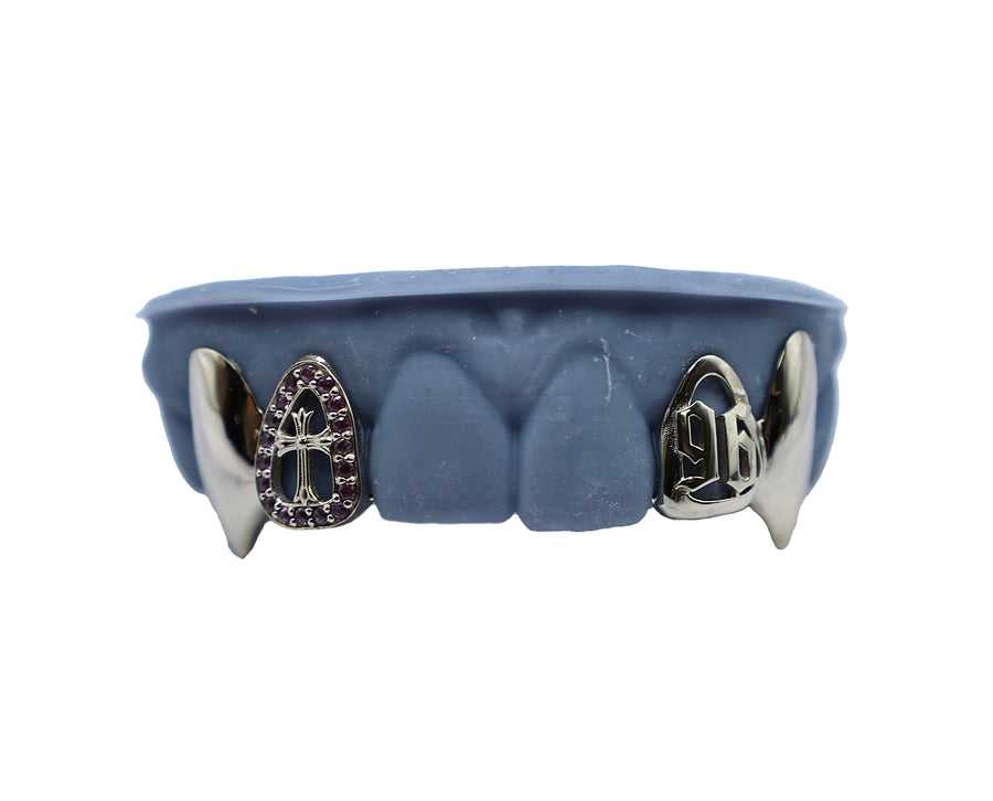 Vampire Fang Grillz w 3D Cross and Pink Sapphires
