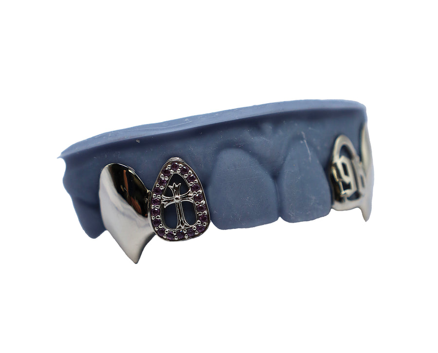 Vampire Fang Grillz w 3D Cross and Pink Sapphires Side View