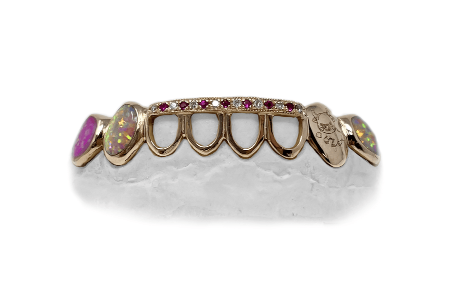 Custom Bottom 8 Grillz w Diamond and Pink Sapphire Bridge, Opals, Enamel w Glitter, and Custom Taurus Engraving