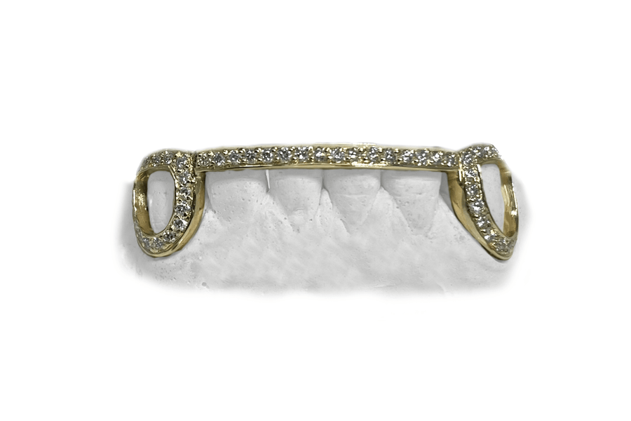 Diamond Bridge Grillz w Iced Out Open Face Fangs in 14K Yellow Gold