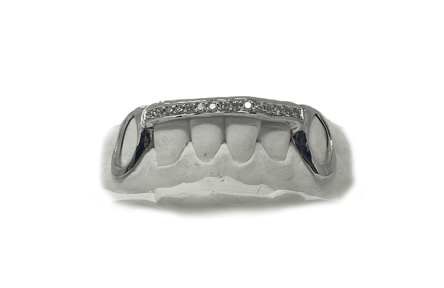 Diamond Bridge Grillz with Solid Gold Open Face Fangs in 14K White Gold