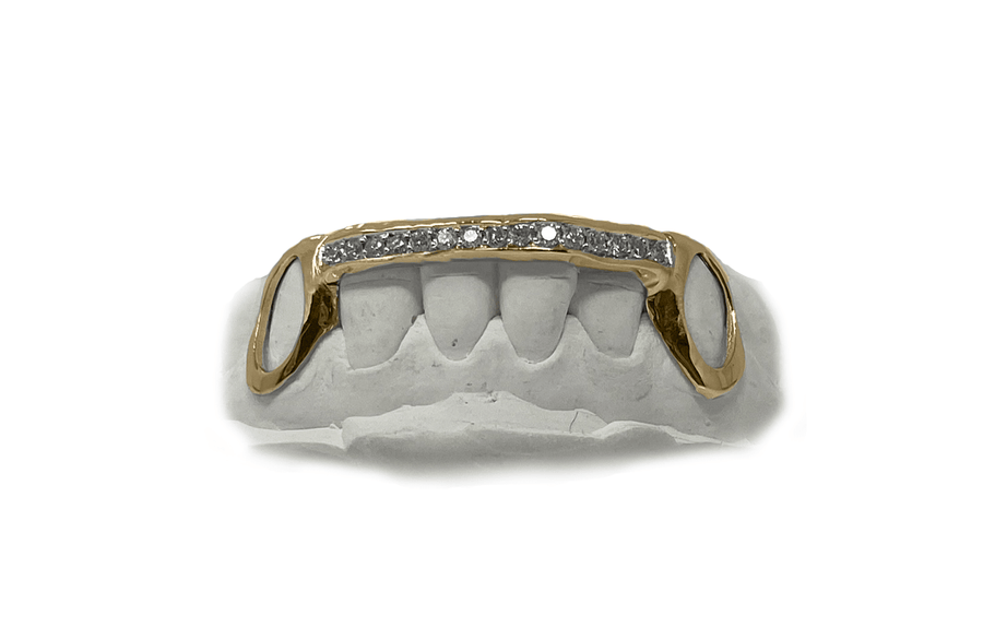 Diamond Bridge Grillz with Solid Gold Open Face Fangs in 14K Yellow Gold