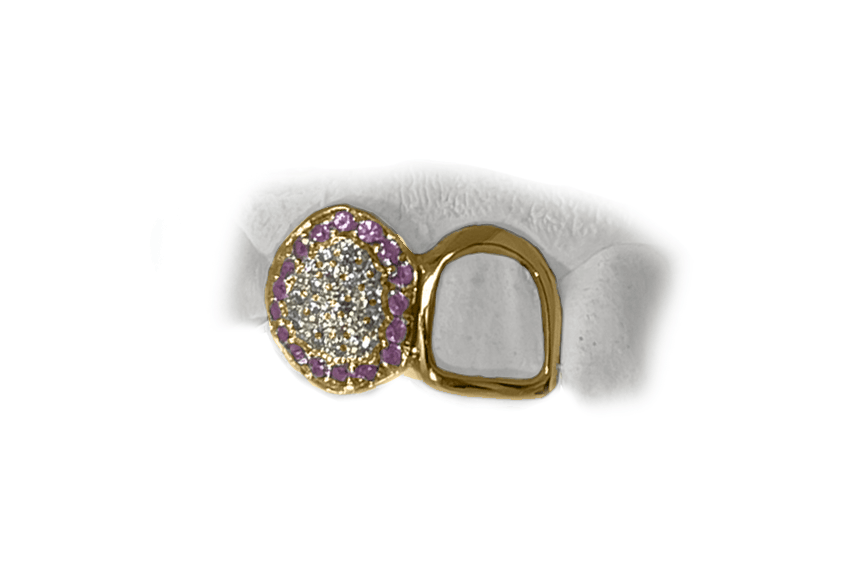 Diamond Fang Grillz w Light Pink Sapphire Halo & Gold Open Face Tooth (White Gold)