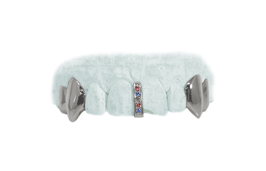 Ruby, Sapphire + Diamond Gap Grillz Combo w Fangs + Molar in White Gold