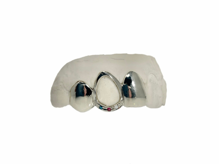Top 3 Teeth Grillz w Ruby, Teal and White Diamond on Fang (14K, White Gold)