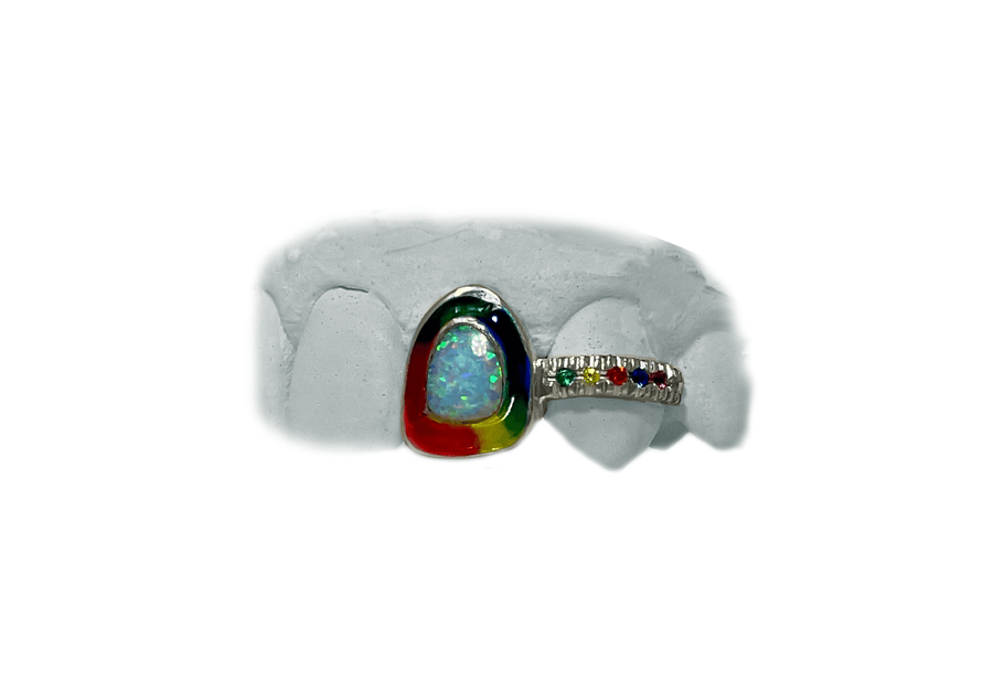 Opal Tooth w Enamel Halo Grillz & Colored Sapphire Bar on Fang