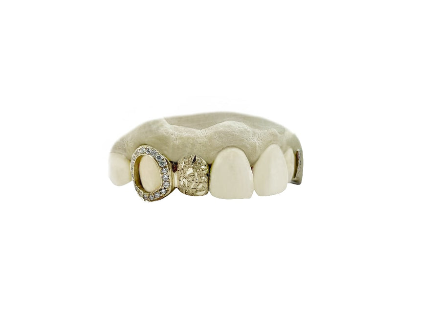 Open Face Diamond Grillz w Diamond Gap Filler + Shrapnel Tooth Combo