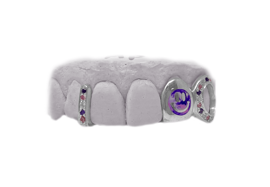 Amethyst, Pink Sapphire, and Diamond Gap Grillz + Open Face Tooth w Tie Dye Enamel Smiley Face Tooth