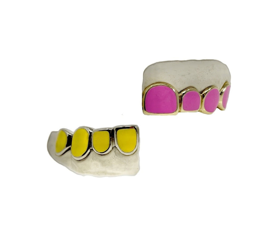 Top 4 Bottom 4 Enamel Teeth Grillz (Yellow and Pink)