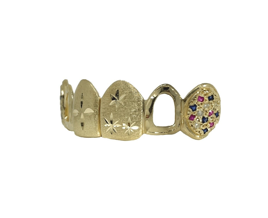Top 6 Grillz with Scattered Rubies & Sapphires on Fangs (14K, Yellow Gold)