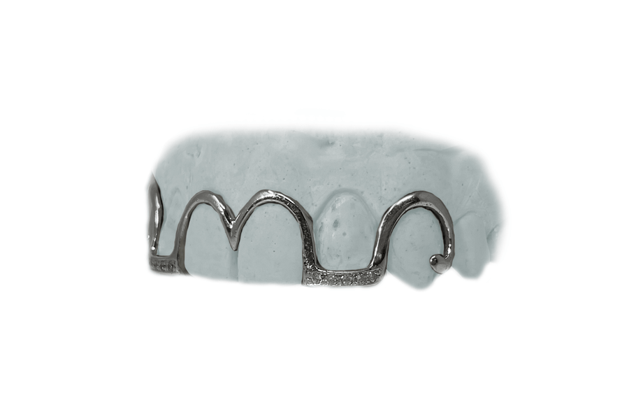 Top 6 Wavy Grillz w Diamond Tips in White Gold