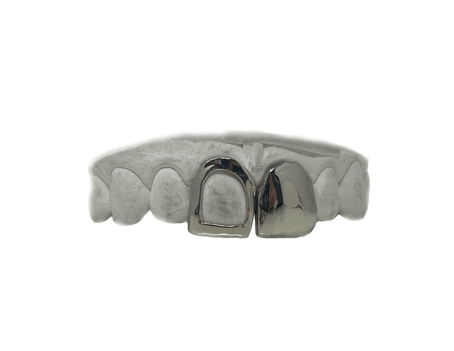 Top Two Front Teeth Grillz in 18K White Gold - (Open Face + Solid)