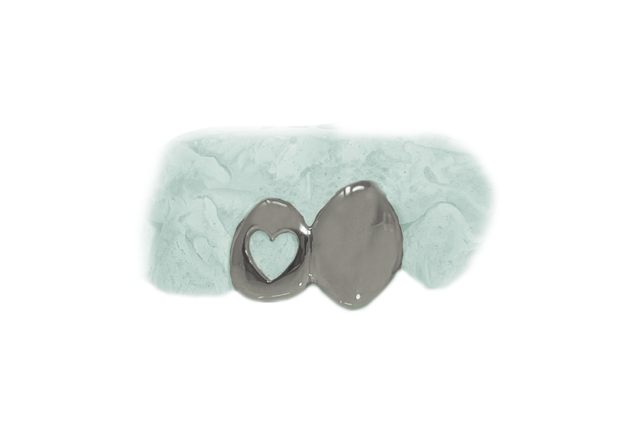 Two Teeth Double Cap Grillz w Heart Cut Out in 14K White Gold