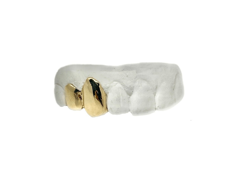 Yellow Gold Two Teeth Grillz Double Cap 14K